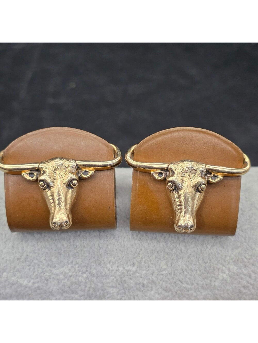 Vintage 1950s Texas Longhorn Wrapped Leather Cufflinks Bull Steer Head Western
